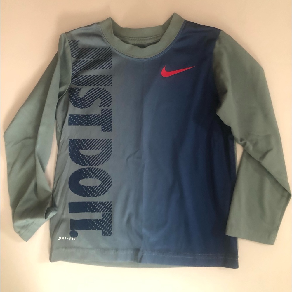 Nike Blue and Green Long Sleeve Shirt with Red Swoosh